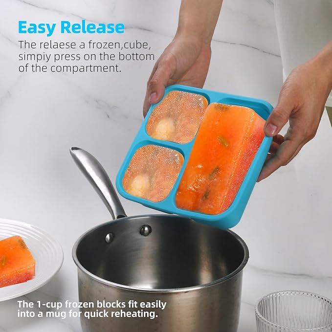 BPA-Free Silicone Freezer Molds, Leak Proof Stackable,1/2-Cup and 1-Cup Portion Control Soup Cubes Freezer Tray with Lids for Meal Prep, Broth, Stews, Leftovers(Blue 4 Pack)