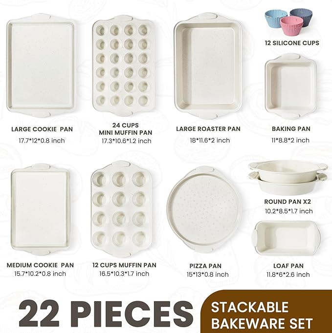 Kikcoin 22 PCS Nonstick Baking Pans Set, Stackable Bakeware Sets with Silicone Handles, 450°F Oven Safe Baking Sheet Set, Easy Release Cookie Sheets for Baking, Cream