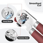 Beneno Heavy Duty Hand Can Opener Manual with Magnet, Durable Sharp Carbon Steel Blade Smooth Cutting, Big Effort-Saving Knob & Soft Grip Handle, Multifunctional Kitchen Tool with Bottle Opener, Red