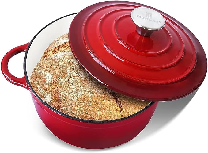 Trustmade 3 QT Cast Iron Dutch Oven, Enamel Coated Cookware Pot with Self Basting Lid for Home Baking, Braiser, Cooking, Red
