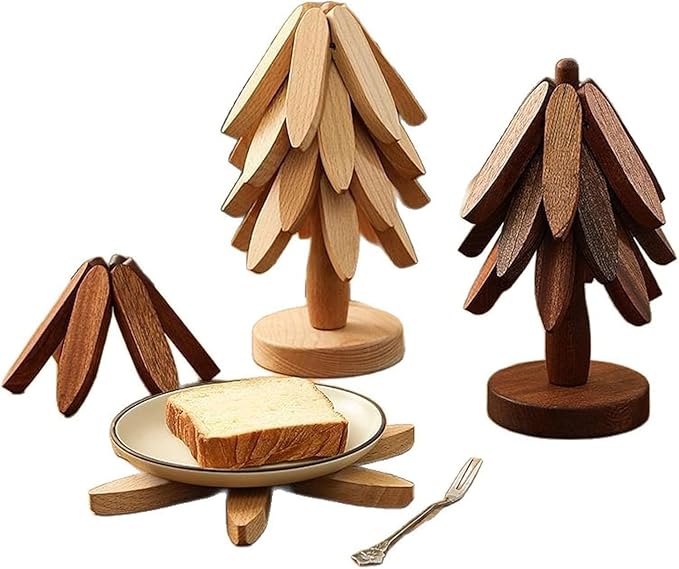 Natural Wood Tree Trivet Set, 𝐍atural Tree Trivet Set - 4 Wooden Trivets,4 Wooden 𝐓rivets & 1 Stand Like a Christmas Trees,for Hot Dish,Pot,Bowl,Teapot,Hot Pot Sets (Natural Wood 5 Trivets,1set)