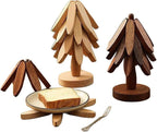 Natural Wood Tree Trivet Set, 𝐍atural Tree Trivet Set - 4 Wooden Trivets,4 Wooden 𝐓rivets & 1 Stand Like a Christmas Trees,for Hot Dish,Pot,Bowl,Teapot,Hot Pot Sets (Natural Wood 5 Trivets,1set)