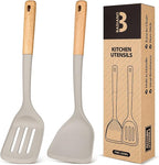 Silicone Wok Spatula Turner Set, Perfect for Scooping, Flipping, Lifting Pancakes and Picking up Veggies, BPA-Free Matte Silicone, Wooden Handles, Safe for Nonstick Cooking Surfaces (Khaki)
