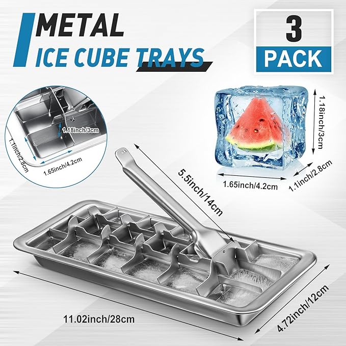 3 Pcs 18 Slot Stainless Steel Ice Cube Maker and Tray Ice Cube Tray for Bars Kitchens Levers Remove Cubes Easy Removal Metal Food Grade Freezer Molds for Food Juice Dishwasher Safe