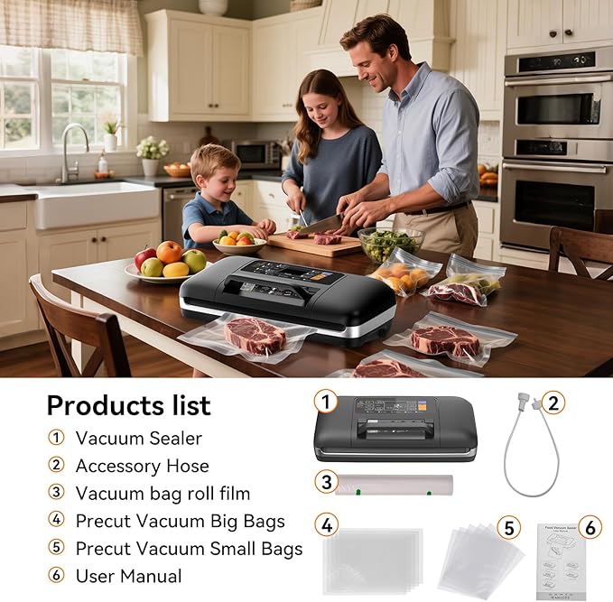 85Kpa Vacuum Sealer Machine, 10-in-1 Full Automatic Food Saver with Easy-Lock Handle, Double Heat Seal, Built-in Cutter & Roll Storage for Dry/Moist Foods, Includes Bags & External Hose