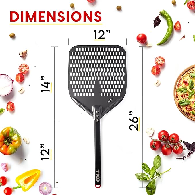 TKC Perforated Pizza Peel - 12" Metal Pizza Turner compatible with Ooni Ovens, Indoor & Outdoor Use, Durable and Heat-Resistant Handle, Lightweight Pizza Spatula (Black)