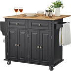 VEVOR Kitchen Island Cart, 35" Wood Top Mobile Carts with Storage Cabinet, Rolling Table with Drop Leaf, Spice Rack, Towel Bar, Adjustable Shelf, Drawer, and Hooks, Portable Islands on Wheels, Black