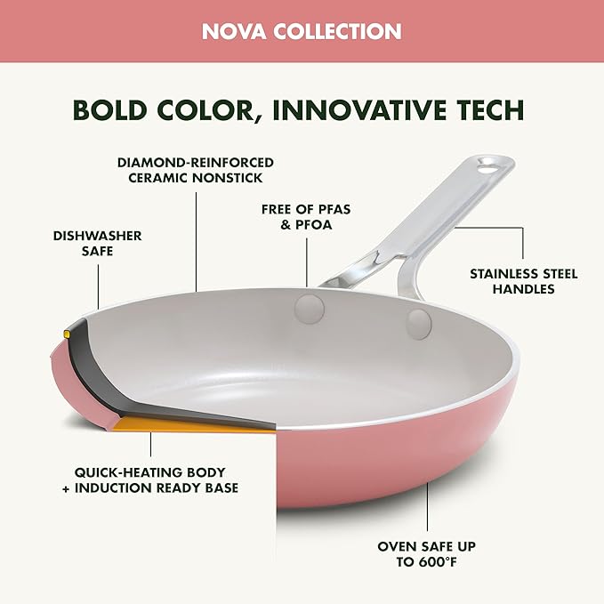 GreenPan Nova 10-Piece Cookware Pots & Pans Set, Oprah’s Favorite Things 2024, PFAS-Free Ceramic Nonstick, Fry, Sauté, Stockpot, Utensils, Lids, Induction Suitable, Dishwasher & Oven Safe, Coral