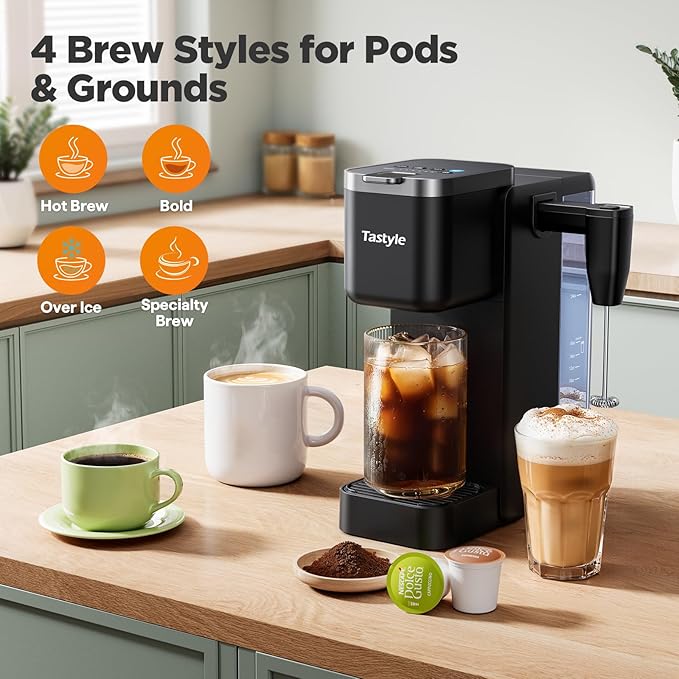Single Serve Coffee Maker with Built-in Detachable Milk Frother, Iced and Hot Coffee Machine for K Cup & Grounds, 40oz Removable Water Reservoir, 6 Cup Sizes, Fits 7.3" Travel Mug, Black