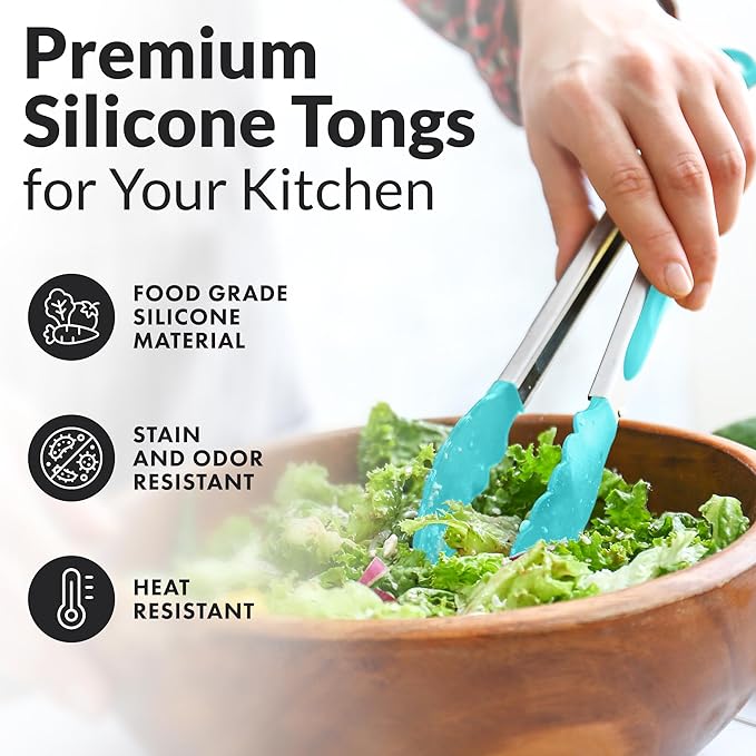 Zulay Stainless Steel Kitchen Tongs with Silicone Tips - Set of 2 (9” & 12”) Locking Cooking Tongs with Non-Slip Grip - Heat Resistant, BBQ Food Tongs for Non-Stick Cooking Pans (Silver/Aqua Sky)