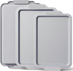 BRONYPRO Non Stick Ceramic Baking Sheet Pan Set of 3, Natural Non Toxic Cookie Sheets for Baking - PFOA, PTFE Free, Aluminized Steel Oven Trays for Cooking with Silicone Handles, Light Gray