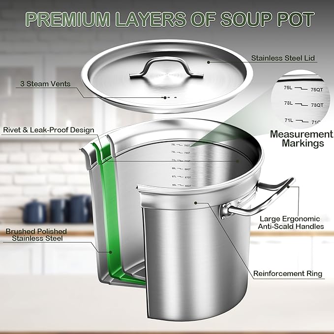 Commercial Grade Large Stock Pot - 75 QT Soup Pot with Lid - Non-Nickel Stainless Steel Stock Pots - Healthy Cookware Polished Stockpots - Heavy Duty Cooking Pots, Cookware Sauce Pots