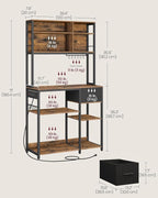 VASAGLE Bakers Rack with Charging Station, Coffee Bar with Adjustable Storage Shelves, Fabric Drawer, 12 Hooks, 15.7 x 39.4 x 71 Inches, Kitchen Microwave Stand, Rustic Brown and Ink Black UKKS027K01