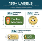 Personalized Daycare Name Labels for Kids (130 Labels) - Custom Waterproof Name Stickers for Clothing Tags, Water Bottles, Lunch Boxes and School Supplies (Animals)