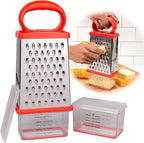 Box Cheese 4-Sided Grater w 2 Attachable Storage Containers w Lids- Mess-Free Shredder & Slicing - Stainless Steel, Soft Grip Handle, Non-Slip Base, Built-In Measurements- Thanksgiving Kitchen Gadget