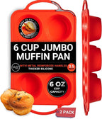[2 PACK] Jumbo Muffin Pan, 3.5" Large Muffin Pan 6 Cup - Silicone Jumbo Muffin Tin for Baking BPA Free Non Stick - RED