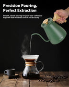Harriet Gooseneck Electric Kettle - 1200W Fast Heat, 0.8L Stainless Steel, Precision Temp Control & Timer, Wood Handle, Pour Over Coffee and Tea, Green