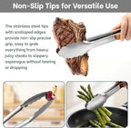 Beneno 12-Inch Food-Grade Stainless Steel Kitchen Tongs with Heat-Insulating Wooden Handle & Non-Slip Scalloped Tips, Heavy Duty Locking Food Tongs for Cooking, Grilling, BBQ and Serving