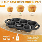 6 Cup Cast Iron Muffin Pan - Pre-Seasoned Nonstick Muffin Tin, Regular Size Cupcake Baking Pan