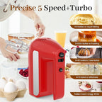 5-Speed Electric Hand Mixer, 800W Handheld Mixer with Turbo for Baking & Cooking, Kitchen Food Mixer with Storage Case & 6 Stainless Steel Attachments (2 Beaters, 2 Dough Hooks, 2 Whisks)-Red