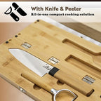Foldable Bamboo Cutting Board Set - with Knife, Peeler, Bag & Built-in Sharpener – Portable Compact Chopping Board for Camping, Picnic, Travel & Kitchen – Non-Slip, Eco-Friendly, Multi-Purpose Design