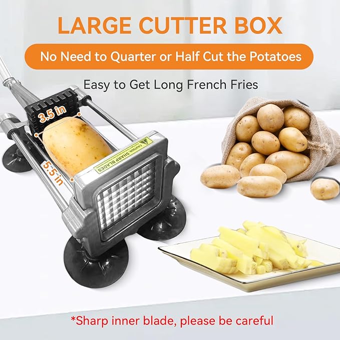 Commercial French Fry Cutter Stainless Steel.Potato Cutter for French Fries with 3/8Inch Blade, Commercial French Fry Cutter Manual Potatoes Cutting Machine with Suction Feet.