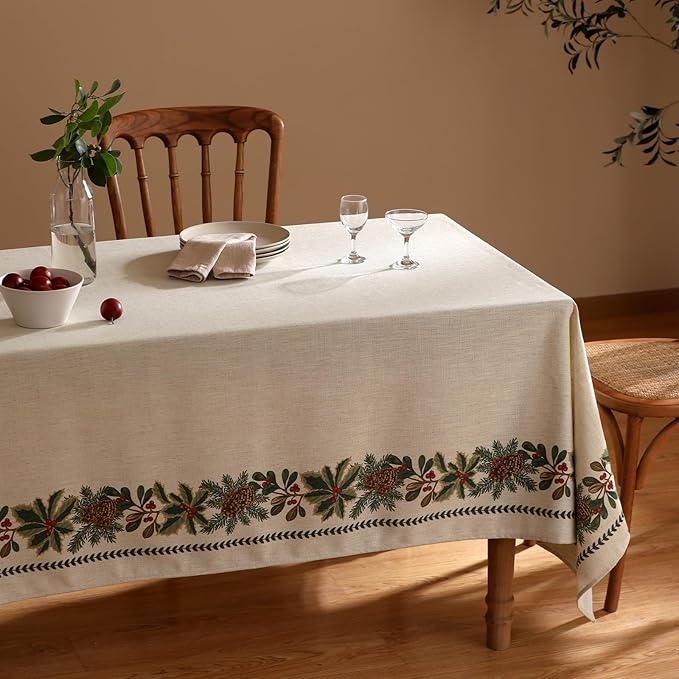 ISAENNE Designer Christmas Linen Extra Long Rectangle Tablecloth,Light Beige Western Table Cloth,Wrinkle Resistant Decor Tablecloths for Dining Thanksgiving Kitchen Christmas,63"*110"-Carol G