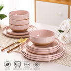 AmorArc Ceramic Dinnerware Sets for 8, 24 Pieces Handpainted Speckled Plates and Bowls Set with Rustic Terracotta Underside, Scratch Resistant Stoneware Dishes Set, Dishwasher & Microwave Safe, Pink