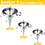 Anaeat 3 Pack Stainless Steel Kitchen Funnel Set, Multi-Use Premium Metal Food Grade Cooking Funnels with 2 Removable Strainer Filter for Transferring Liquid or Dry Ingredients & 1 Pc Cleaning Brush