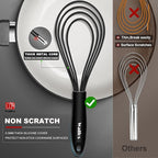 Walfos Whisk 11inch Flat Whisks and 10inch Balloon Whisk Combo,Silicone whisks for cooking,Non Scratch Coated Wisk,Suitable for Ceramic Coated pans and Wider shallower pots.(2pcs black)
