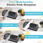 5 in 1 Electric Knife Sharpener with LCD Screen, 3 Rotational Speed Adjustable, 100% Diamond Abrasives, Electric Knife Sharpener for Straight, Serrated, Meat Cleaver, Ceramic Knives & Scissors, Gray
