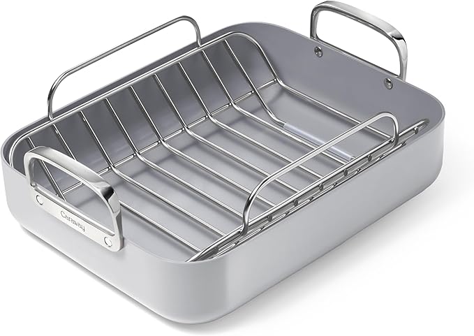Caraway Roasting Pan - 16x13” Roasting Pan with Rack - Non-Stick Ceramic Coated - Non Toxic, PTFE & PFOA Free - Oven Safe & Compatible with All Stovetops - Gray