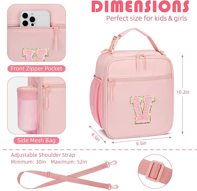 Initial Insulated Lunch Bag for Girls Kids, Back to School Gift, Reusable Leak-proof Lunch Box with Adjustable Strap for School Daycare Travel Picnic (Pink,V)