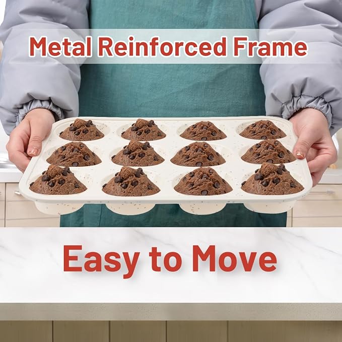CAKETIME Silicone Muffin Pan, Metal Reinforced Frame Regular Size Cupcake Pan Easy to Move Muffin Pans Nonstick 12 Cups for Baking (2)