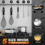 Walfos Whisk, Silicone Whisks Set of 5, Mini Stainless Steel Whisk 7in+5in and Non Scratch Coated 7+9+11in Whisks, Suitable for Blending, Whisking, Beating, Frothing & Stirring. (Grey)