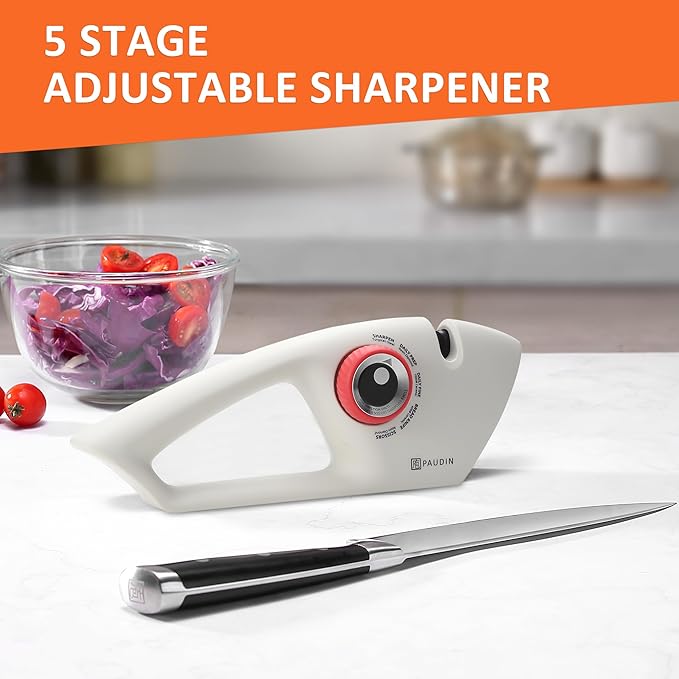 PAUDIN Knife Sharpener, Kitchen Knife Sharpener, 5 Stage Knife Sharpeners for Kitchen Knives, Pocket, Serrated Knives & Scissors, Blade Sharpening, Honing & Polishing Tool, White