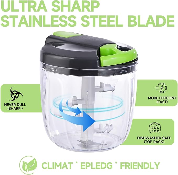 Manual Food Processor Vegetable Chopper, Portable Hand Pull String Garlic Mincer Onion Cutter for Veggies, Ginger, Fruits, Nuts, Herbs, etc., （900ml,Gray-green）
