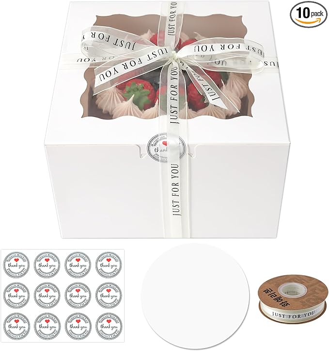 8x8x5 Cake Box, 28 Sets Cake Box with Window ＆ 28 Sets 8" White Cake Round Boards, 8inch Cake Containers(White, 885inch/28pcs)