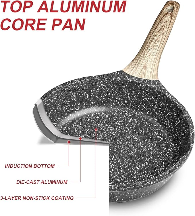 Caannasweis Nonstick Granite Frying Pan Skillet, Non Stick Omelette Fry Pans, Omelet Egg Pan, Stone Cookware Chef's Pan, Induction Compatible, PFOA Free (Gray, 8 Inch with Lid)