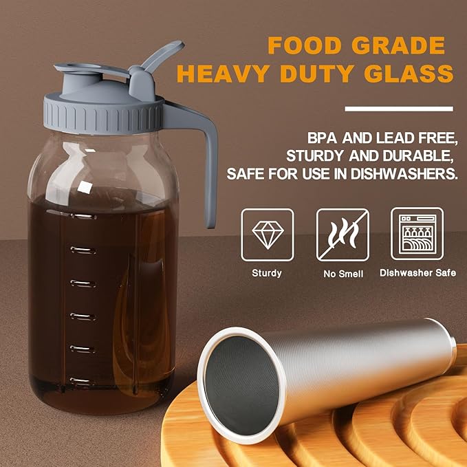 Cold Brew Coffee Maker Jar - 64oz Thick Glass Multipurpose Mason Pitcher Spout Lid with Handle & Stainless Steel Filter for Iced Coffee, Lemonade, Ice Tea, Homemade Fruit Drinks Container