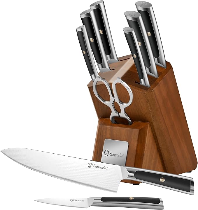 Sunnecko Knife Block Set of 8pcs - Kitchen Knife Set with High Carbon Stainless Steel 1.4116 Knife Sets for Kitchen with Block - Chef Knife with Ergonomic Handle Black Knife Set
