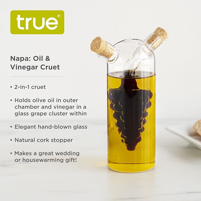 True Napa Olive Oil and Vinegar Cruet with Cork Stopper, Perfect for Housewarming, Picnic, Dinner, BBQ, Outdoor Party, Salad Bar Accessories, Home Essentials, Set of 1