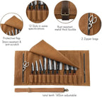 Chef Knife Roll Bag 16oz Oil Waxed Canvas with Cazy Horse Leather, 12 Slots & 2 Zipper Pockets, Portable Backpack Knife Case Storage, Detachable Adjustable Shoulder Strap Belt(Not Included Knives)