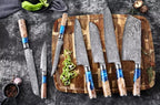 Epicurean Cook Tidal Collection 8 PCS Damascus Knife Set Japanese Kitchen Knives with VG10 Steel Core Ultra-Sharp Professional Chef Knife Set with Elegant Box and Blue Resin and Burl Wood Handles
