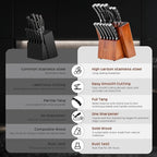 Knife Set, Jourmet 15-Piece Kitchen Knife Set with Block and Sharpener, High Carbon Stainless Steel Sharp Knives, Anti-slip Ergonomic Handle, Black Knife Block Set