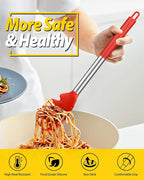 Silicone Pasta Fork and Ladle Spoon Set, Large Non Stick Kitchen Utensils for Cooking,Stirring,Serving Spaghetti, Soup, Sauce (RED)
