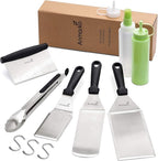Metal Spatula and Scraper Set - Griddle Accessories kit - Grill Tongs Flat Spatula Pancake Flipper Hamburger Turner Squeeze Bottles Set - Metal Utensil Great for BBQ Grill Flat Top Cast Iron