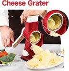 Rotary Cheese Grater with Handle Kitchen Shredder Slicer Grater Slicer Ice Shaver Cheese Vegetable Nuts Potato Zucchini Chocolate 3 Interchangeable Blades (RedWhite)