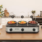 Sunvivi Triple Slow Cooker, Buffet Server and Food Warmer, Small Mini Pot with 3 Adjustable Temp & 3 Visible Glass Lids, for Parties, Holidays and Entertaining, Stainless Steel, 3 * 1.5 Quarts
