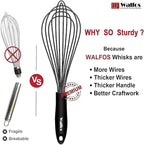 Walfos Whisk Silicone Whisks set, Non Scatch Coated Whisks for Cooking and Baking, Heavy Duty Set of 4 Kitchen Whisk - 11'' Flat Wisk and 7''+10''+12'' Balloon.
